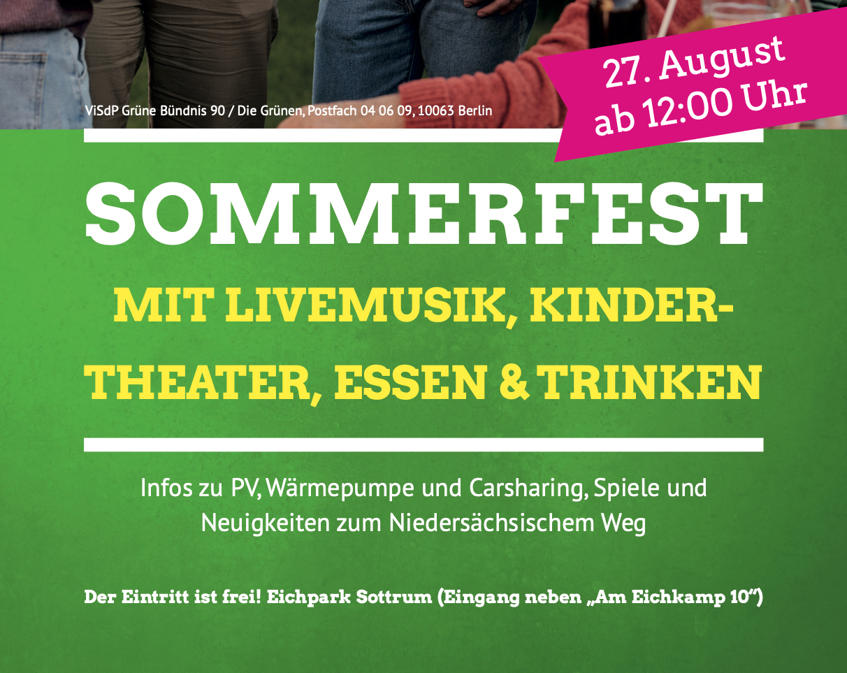 Plakat mit Titel Sommerfest Mit Livemusik, Kindertheater, Essen & Trinken am 27.08.2023 Eichpark Sottrum
